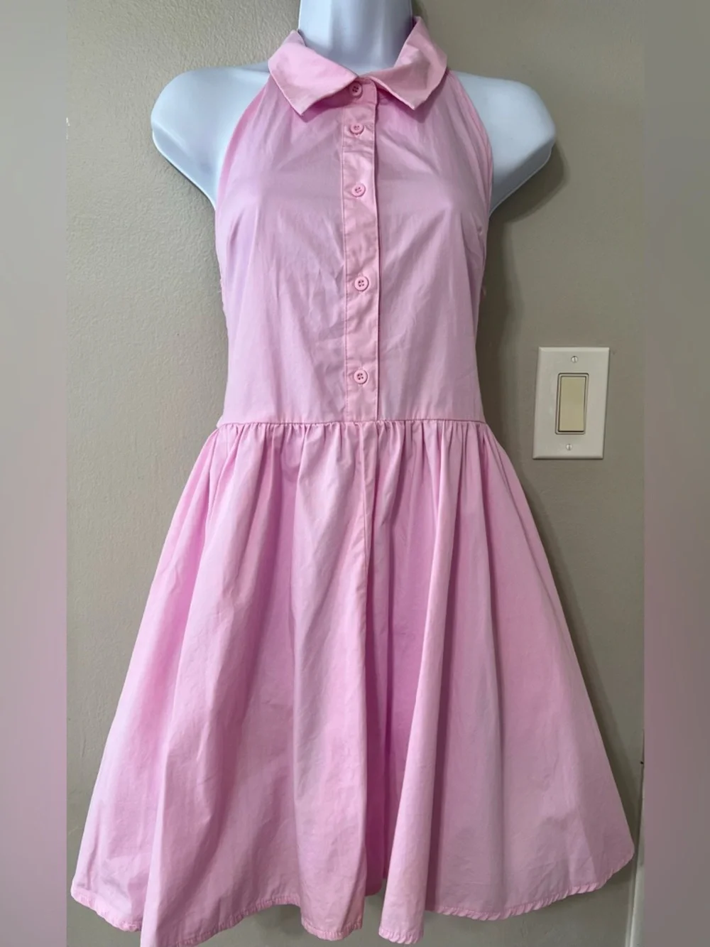 Hunter & Brown Pink Halter Fit Flare Dress Medium Cotton Open Back